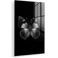 MuchoWow Glasschilderij 60x90 cm - Schilderij acrylglas - Vlinder - Grijs - Mysterieus - Foto op glas - Muurdecoratie woonkamer - Wanddecoratie slaapkamer - Schilderijen