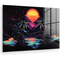 MuchoWow Glasschilderij 180x120 cm - Schilderij acrylglas - Palmbomen - Neonbergen - Sterrenhemel - Zon - Foto op glas - Muurdecoratie woonkamer - Wanddecoratie slaapkamer - Schilderijen