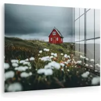 MuchoWow Glasschilderij 160x120 cm - Schilderij acrylglas - Heuvel - Huisje - Bloemen - Wit - Foto op glas - Muurdecoratie woonkamer - Wanddecoratie slaapkamer - Schilderijen