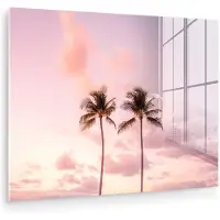 MuchoWow Glasschilderij 160x120 cm - Schilderij acrylglas - Palmbomen - Paars - Wolken - Lucht - Foto op glas - Muurdecoratie woonkamer - Wanddecoratie slaapkamer - Schilderijen