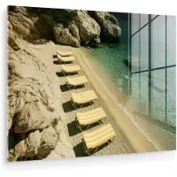 MuchoWow Glasschilderij 120x90 cm - Schilderij acrylglas - Strandbedden - Zee - Stenen - Baai - Foto op glas - Muurdecoratie woonkamer - Wanddecoratie slaapkamer - Schilderijen