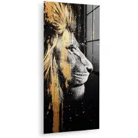 MuchoWow Glasschilderij 60x120 cm - Schilderij acrylglas - Portret - Leeuw - Abstract - Goud - Foto op glas - Muurdecoratie woonkamer - Wanddecoratie slaapkamer - Schilderijen