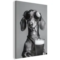 MuchoWow Aluminium schilderij 30x40 cm - Wanddecoratie metaal - Teckel - Bier - Glas - Bril - Metalen muurdecoratie woonkamer - Decoratie industrieel - Foto op dibond - Industriële accessoires slaapkamer