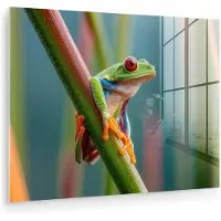 MuchoWow Glasschilderij 160x120 cm - Schilderij acrylglas - Kleurrijke kikker - Groene stengel - Alert - Foto op glas - Muurdecoratie woonkamer - Wanddecoratie slaapkamer - Schilderijen