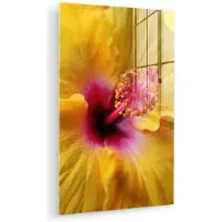 MuchoWow Glasschilderij 20x30 cm - Schilderij acrylglas - Geel - Hibiscus - Tropisch - Foto op glas - Muurdecoratie woonkamer - Wanddecoratie slaapkamer - Schilderijen