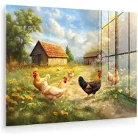 MuchoWow Glasschilderij 160x120 cm - Schilderij acrylglas - Kippen - Landelijke rust - Natuur - Foto op glas - Muurdecoratie woonkamer - Wanddecoratie slaapkamer - Schilderijen