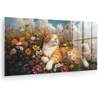 MuchoWow Glasschilderij 120x60 cm - Schilderij acrylglas - Kat - Bloemen - Ontspannen - Foto op glas - Muurdecoratie woonkamer - Wanddecoratie slaapkamer - Schilderijen