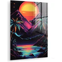 MuchoWow Glasschilderij 90x120 cm - Schilderij acrylglas - Palmbomen - Neonbergen - Sterrenhemel - Zon - Foto op glas - Muurdecoratie woonkamer - Wanddecoratie slaapkamer - Schilderijen