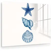 MuchoWow Glasschilderij 40x30 cm - Schilderij acrylglas - Zeester - Schelpen - Blauw - Foto op glas - Muurdecoratie woonkamer - Wanddecoratie slaapkamer - Schilderijen