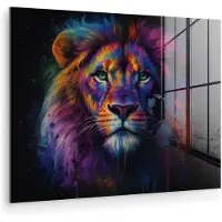 MuchoWow Glasschilderij 160x120 cm - Schilderij acrylglas - Leeuwenkop - Felgekleurd - Abstract - Foto op glas - Muurdecoratie woonkamer - Wanddecoratie slaapkamer - Schilderijen