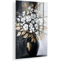 MuchoWow Glasschilderij 80x120 cm - Schilderij acrylglas - Bloemen - Wit - Vaas - Abstract - Foto op glas - Muurdecoratie woonkamer - Wanddecoratie slaapkamer - Schilderijen