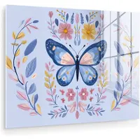 MuchoWow Glasschilderij 40x30 cm - Schilderij acrylglas - Vlinder - Lichtblauw - Sierlijk - Bloemen - Foto op glas - Muurdecoratie woonkamer - Wanddecoratie slaapkamer - Schilderijen