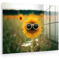 MuchoWow Glasschilderij 160x120 cm - Schilderij acrylglas - Zonnebloem - Veld - Zonnebril - Foto op glas - Muurdecoratie woonkamer - Wanddecoratie slaapkamer - Schilderijen