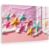 MuchoWow Glasschilderij 60x40 cm - Schilderij acrylglas - Zeesterren - Strand - Golven - Foto op glas - Muurdecoratie woonkamer - Wanddecoratie slaapkamer - Schilderijen