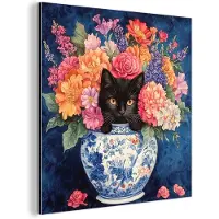 MuchoWow Aluminium schilderij 90x90 cm - Wanddecoratie metaal - Kat - Felgekleurde bloemen - Vaas - Metalen muurdecoratie woonkamer - Decoratie industrieel - Foto op dibond - Industriële accessoires slaapkamer