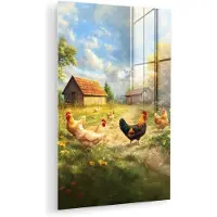MuchoWow Glasschilderij 80x120 cm - Schilderij acrylglas - Kippen - Landelijke rust - Natuur - Foto op glas - Muurdecoratie woonkamer - Wanddecoratie slaapkamer - Schilderijen