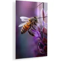 MuchoWow Glasschilderij 120x180 cm - Schilderij acrylglas - Honingbij - Paarse bloemen - Details - Foto op glas - Muurdecoratie woonkamer - Wanddecoratie slaapkamer - Schilderijen