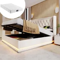 Merax Tweepersoonsbed 140x200 cm met Matras – Gestoffeerd Bed in Beige Katoen - Hydraulisch Mechanisme - USB Type-C Hoofdbord - 3-Zijdige LED Verlichting