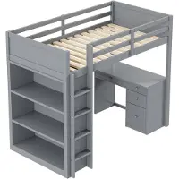 Merax Hoogslaper 90x200 cm met Bureau en Opbergruimte – Houten Bed – Grijs – Multifunctioneel Kinderbed