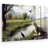 MuchoWow Glasschilderij 90x60 cm - Schilderij acrylglas - Kat - Beekje - Weide - Foto op glas - Muurdecoratie woonkamer - Wanddecoratie slaapkamer - Schilderijen