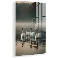 MuchoWow Glasschilderij 100x150 cm - Schilderij acrylglas - Zwanen - Wit - Water - Mist - Foto op glas - Muurdecoratie woonkamer - Wanddecoratie slaapkamer - Schilderijen