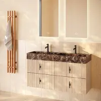 Muebles Murcia badmeubel ribbelfront 120cm naturel eiken met Dark Emperador wastafel met kraangaten