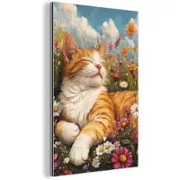 MuchoWow Aluminium schilderij 20x30 cm - Wanddecoratie metaal - Kat - Bloemen - Ontspannen - Metalen muurdecoratie woonkamer - Decoratie industrieel - Foto op dibond - Industriële accessoires slaapkamer