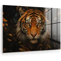 MuchoWow Glasschilderij 180x120 cm - Schilderij acrylglas - Bladeren - Tijger - Oranje - Foto op glas - Muurdecoratie woonkamer - Wanddecoratie slaapkamer - Schilderijen