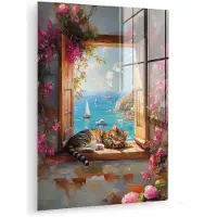 MuchoWow Glasschilderij 90x120 cm - Schilderij acrylglas - Kat - Blauwe zee - Roze bloemen - Foto op glas - Muurdecoratie woonkamer - Wanddecoratie slaapkamer - Schilderijen