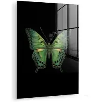 MuchoWow Glasschilderij 120x160 cm - Schilderij acrylglas - Vlinder - Groen - Diepte - Foto op glas - Muurdecoratie woonkamer - Wanddecoratie slaapkamer - Schilderijen