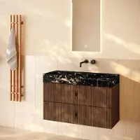 Muebles Murcia badmeubel ribbelfront 100cm walnoot met Portoro Gold wastafel zonder kraangat