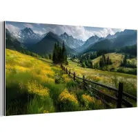 MuchoWow Aluminium schilderij 40x20 cm - Wanddecoratie metaal - Veld - Hek - Bergen - Bloemen - Metalen muurdecoratie woonkamer - Decoratie industrieel - Foto op dibond - Industriële accessoires slaapkamer