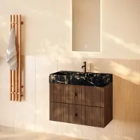 Muebles Murcia badmeubel ribbelfront 80cm walnoot met Portoro Gold wastafel met kraangat