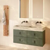 Muebles Murcia badmeubel ribbelfront 120cm legergroen met White Travertin wastafel zonder kraangaten
