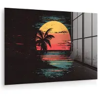 MuchoWow Glasschilderij 120x80 cm - Schilderij acrylglas - Strand - Minimalistisch - Zon - Oranje - Foto op glas - Muurdecoratie woonkamer - Wanddecoratie slaapkamer - Schilderijen