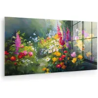 MuchoWow Glasschilderij 160x80 cm - Schilderij acrylglas - Zomertuin - Sfeervol - Bloemen - Foto op glas - Muurdecoratie woonkamer - Wanddecoratie slaapkamer - Schilderijen