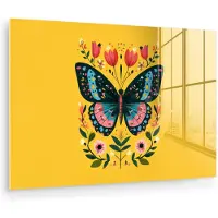 MuchoWow Glasschilderij 60x40 cm - Schilderij acrylglas - Bloemen - Kleurrijk - Vlinder - Sierlijk - Foto op glas - Muurdecoratie woonkamer - Wanddecoratie slaapkamer - Schilderijen