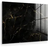 MuchoWow Glasschilderij 80x60 cm - Schilderij acrylglas - Zwart marmer - Gouden aders - Klassiek - Foto op glas - Muurdecoratie woonkamer - Wanddecoratie slaapkamer - Schilderijen