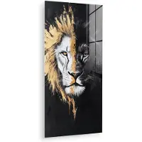 MuchoWow Glasschilderij 60x120 cm - Schilderij acrylglas - Leeuw - Gesplitst - Zwart - Lijn - Foto op glas - Muurdecoratie woonkamer - Wanddecoratie slaapkamer - Schilderijen