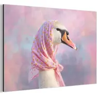 MuchoWow Aluminium schilderij 180x120 cm - Wanddecoratie metaal - Zwaan - Sjaaltje - Pastelwolken - Metalen muurdecoratie woonkamer - Decoratie industrieel - Foto op dibond - Industriële accessoires slaapkamer