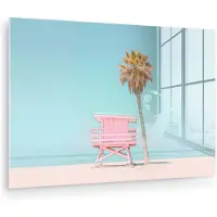 MuchoWow Glasschilderij 60x40 cm - Schilderij acrylglas - Palmboom - Strandhuis - Roze - Foto op glas - Muurdecoratie woonkamer - Wanddecoratie slaapkamer - Schilderijen