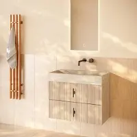 Muebles Murcia badmeubel ribbelfront 80cm naturel eiken met White Travertin wastafel zonder kraangat