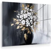 MuchoWow Glasschilderij 160x120 cm - Schilderij acrylglas - Bloemen - Wit - Vaas - Abstract - Foto op glas - Muurdecoratie woonkamer - Wanddecoratie slaapkamer - Schilderijen