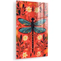 MuchoWow Glasschilderij 40x60 cm - Schilderij acrylglas - Libel - Blauw - Vleugels - Bladeren - Foto op glas - Muurdecoratie woonkamer - Wanddecoratie slaapkamer - Schilderijen