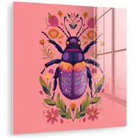 MuchoWow Glasschilderij 20x20 cm - Schilderij acrylglas - Paars - Kever - Stipjes - Bloemen - Foto op glas - Muurdecoratie woonkamer - Wanddecoratie slaapkamer - Schilderijen