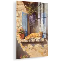 MuchoWow Glasschilderij 60x90 cm - Schilderij acrylglas - Kat - Stenen vensterbank - Bloemen - Foto op glas - Muurdecoratie woonkamer - Wanddecoratie slaapkamer - Schilderijen
