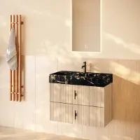 Muebles Murcia badmeubel ribbelfront 80cm naturel eiken met Portoro Gold wastafel met kraangat