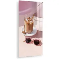 MuchoWow Glasschilderij 20x40 cm - Schilderij acrylglas - Ijskoffie - Zonnebril - Goud - Foto op glas - Muurdecoratie woonkamer - Wanddecoratie slaapkamer - Schilderijen