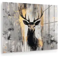 MuchoWow Glasschilderij 80x60 cm - Schilderij acrylglas - Abstract - Hert - Gewei - Goud - Foto op glas - Muurdecoratie woonkamer - Wanddecoratie slaapkamer - Schilderijen
