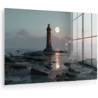 MuchoWow Glasschilderij 180x120 cm - Schilderij acrylglas - Vuurtoren - Stenen - Water - Maan - Foto op glas - Muurdecoratie woonkamer - Wanddecoratie slaapkamer - Schilderijen